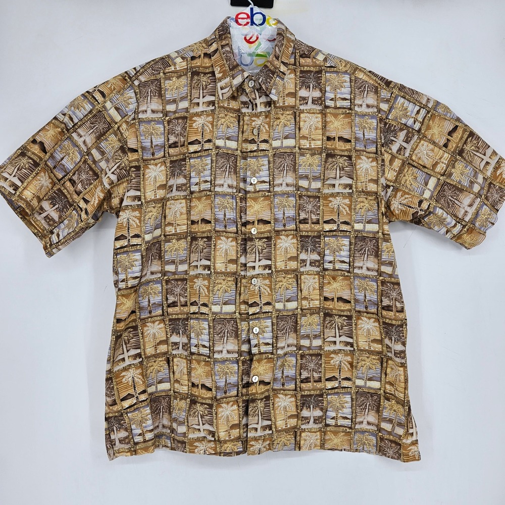 Tori Richard Shirt Mens Large Button Up Short Sleeve Blue Palm Trees AOP Casual